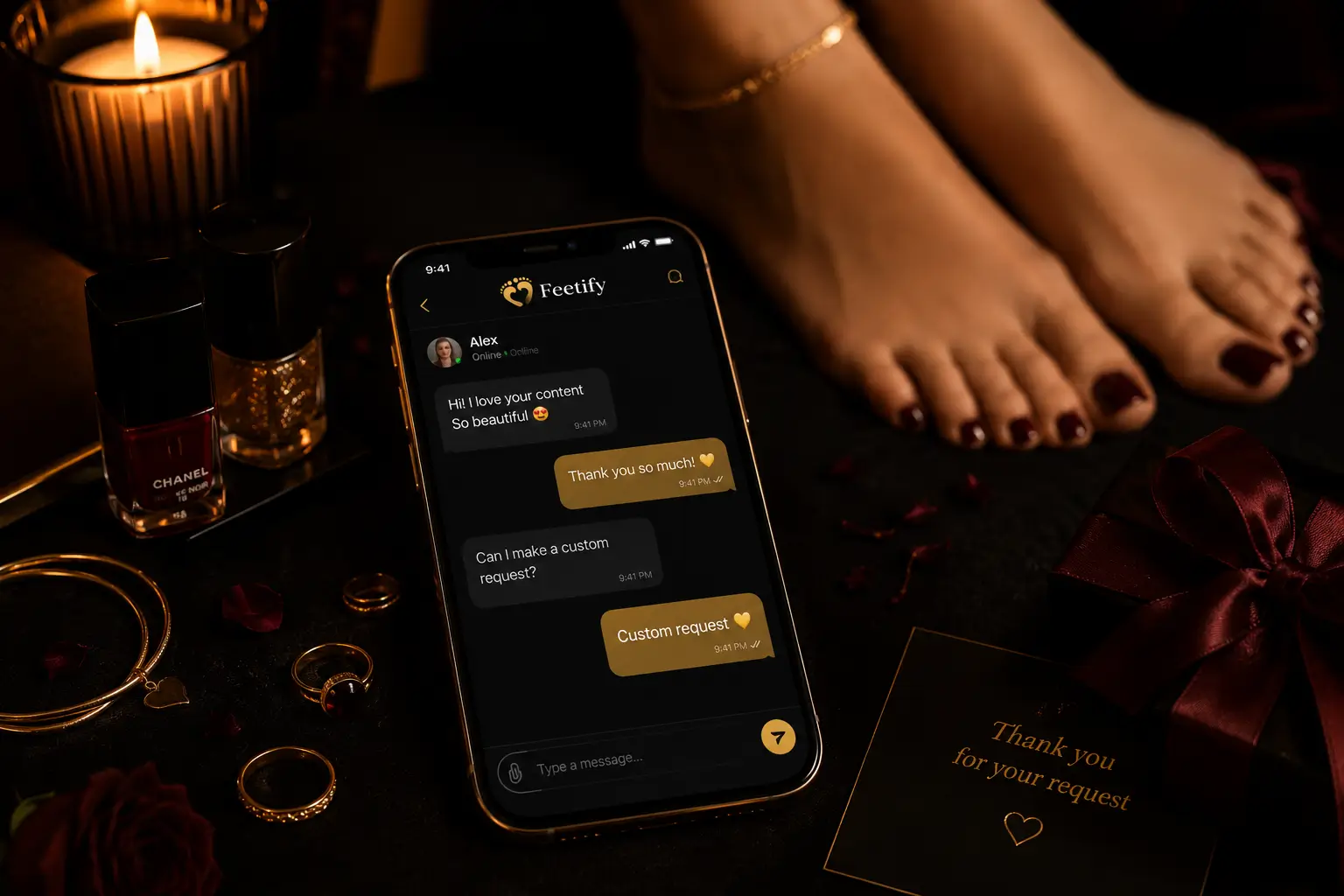 Smartphone showing a private in-app chat about a custom request, on a dark table with candles, nail polish and jewellery